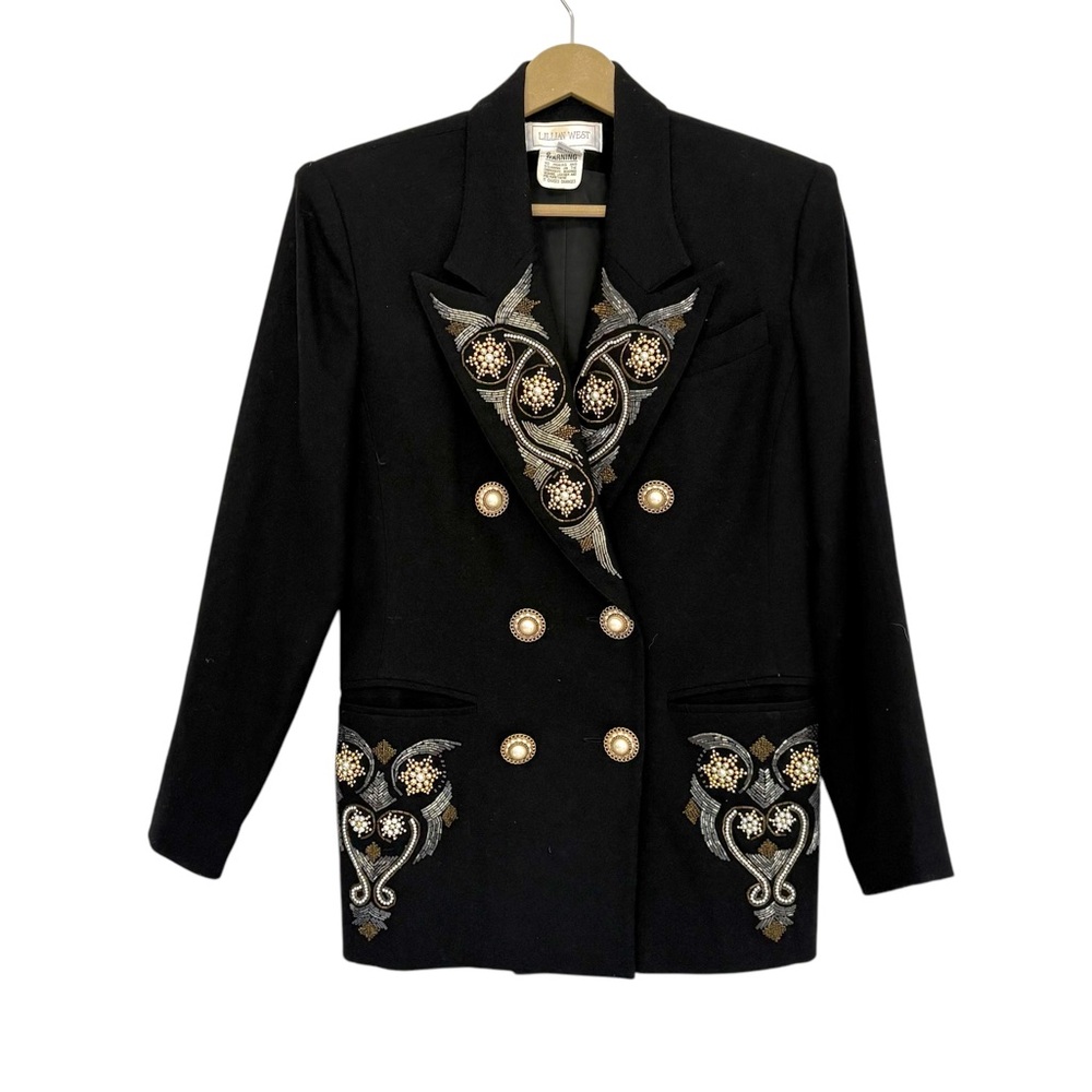 Lillian West Black Wool Gold Beaded Western Blazer Size 6 Boho Country Party
